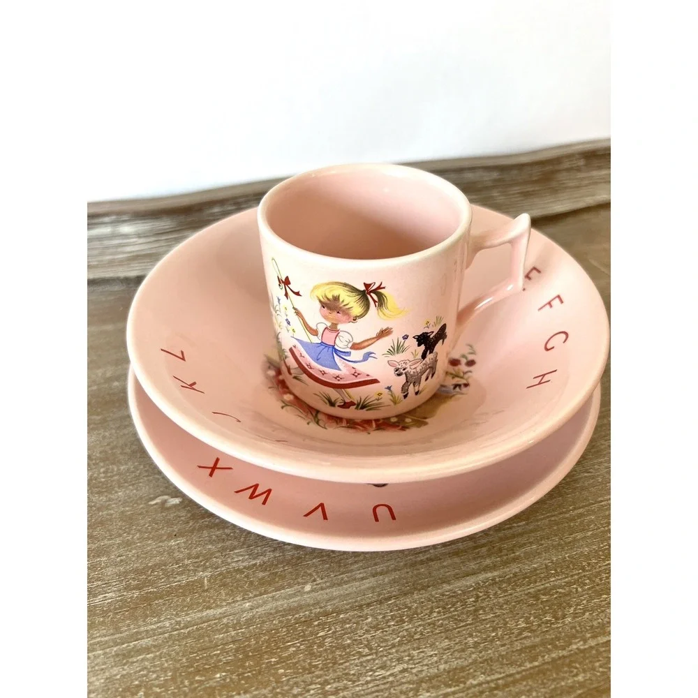Vtg James Kent Old Foley England Nursery Rhyme Cup Bowl Plate Set Pink Alphabet - Picture 2 of 11